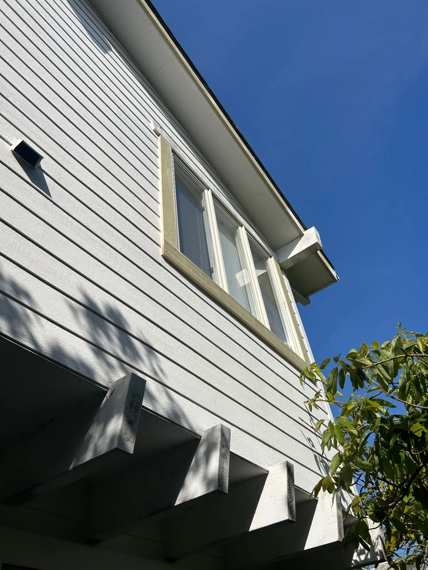 Before — sun-faded siding and trim prior to prep